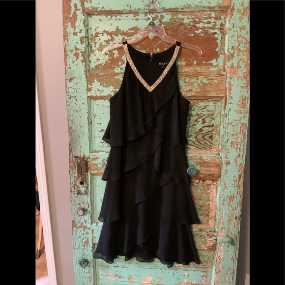 S.L.FASHION Black Tiered Ruffle Sleeveless Dress with Rhinestone Bling Detail - Picture 3 of 6